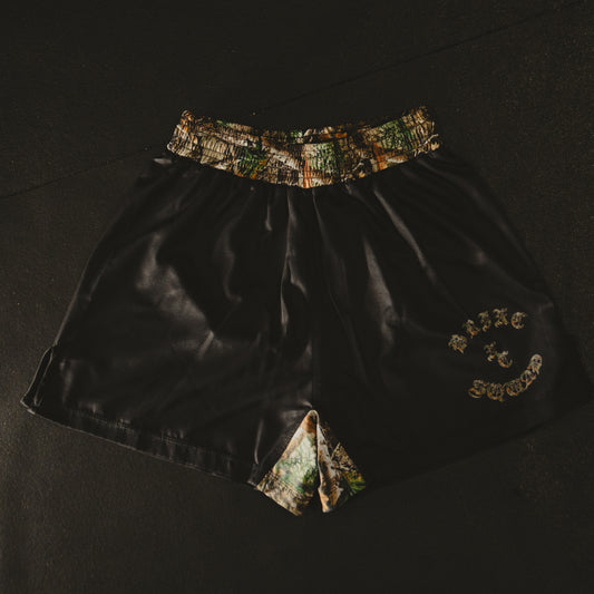 BLACK CAMO FIGHT SHORTS